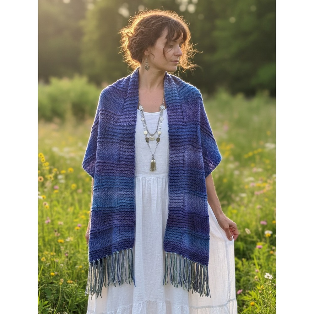 NEW Blue Purple Hand Knit Shawl Wrap Scarf Chunky Festival Indie Artsy Mod Retro